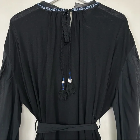 Free People On Holiday Embroidered Tunic Tribal Tassel Top Black - Picture 11 of 15
